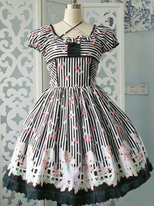 Sweet Lolita Robe OP noir rayé moutons jardin Criss Cross demi manches One Piece robe