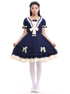 Lolita marin OP bleu robe manches courtes volants s’incline Deco One Piece robe
