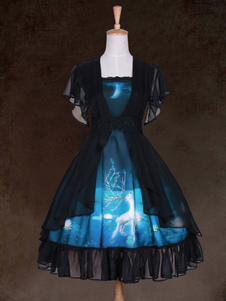 Manches courtes OP mousseline de soie robe de Lolita noire Ruffles été Lolita Robe