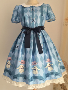 Sweet Lolita Robe OP lapin imprimé bleu Lolita Robe manches courtes Peter Pan collier Lolita morceau