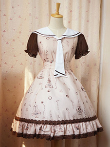 Sweet Lolita Robe Doris OP Khaki Lolita Robe col manches courtes en mousseline de soie robe de marin