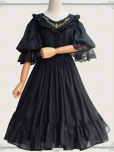 Sweet Lolita Dress Black OP Organza V Neck Half Sleeve Ruffle One Piece robe