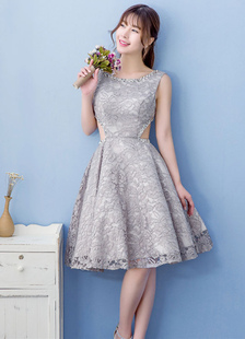 Dentelle Homecoming robe robe de Cocktail grise légère découpe perler une ligne genou longueur robe 