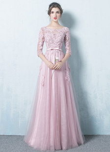 Robe de soirée rose Tulle Backless robe dentelle Applique trois quarts manches Sash A ligne Occasion