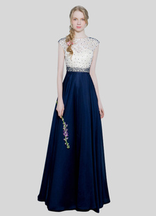 Robe de satin soirée robe dentelle perles Prom robe marine foncé une Graduation de longueur de planc