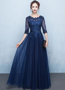 Tulle robe de soirée dentelle marine foncé appliques robe Illusion Half Sleeve Sash A ligne Graduati
