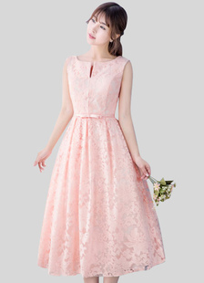 Dentelle Homecoming robe de bal rose clair cranté encolure Sash une ligne thé longueur Blush demoise