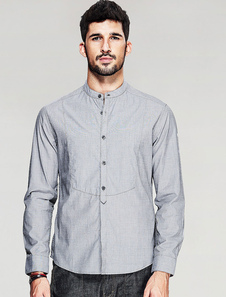 Chemise d’homme coton Chemise bouton gris manches longues Stand collier occasionnel