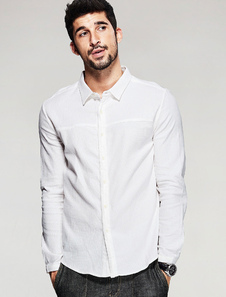 Chemise blanche bouton coton chemise manches longues col Turndown occasionnel hommes