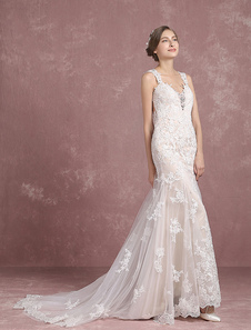 Robe de mariée en dentelle sans manches train champagne bretelles sirène dos nu perlée nuptiale