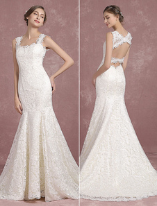 Robe de mariée en dentelle sirène dos nu bretelles sans manches train tribunal découpe festonnée