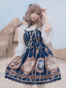Sweet Lolita Robe JSK bleue Lolita Robe Vintage Stripe imprimé Bow festonnée robe Lolita