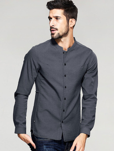 Chemise gris bouton Stand collier Casual chemise à manches longues hommes