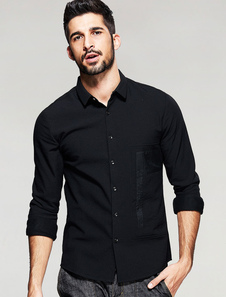 Chemise noire bouton chemise manches longues col Turndown occasionnel hommes