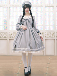Mélange de coton Sweet Lolita Robe gris OP Lolita Robe marin plissé Flare Lolita Robe