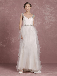 Robe de mariée de Tull sangles une ligne dos nu hiérarchisé V cou perles sans manches étage longueur