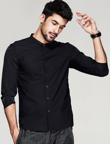 Chemise bouton coton Stand collier Casual chemise à manches longues noir hommes