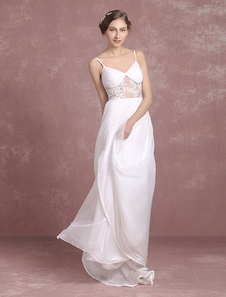 Robe de mariée plage A ligne côté drapée en mousseline de soie Spaghetti dos nu bracelet en dentelle