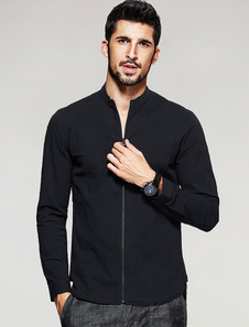 Chemise noire à capuche coton Stand collier Casual chemise à manches longues hommes