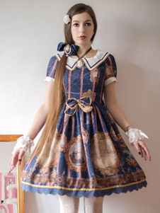 Sweet Lolita Robe JSK bleue Lolita Robe Vintage tailleur manches courtes Bow plissé Lolita Robe d’ét