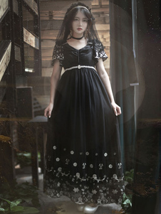 Sweet Lolita Robe JSK Noir Lolita robe brodé cheville longueur robe en mousseline de soie