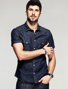 Chemise d’homme Denim chemise coton bouton manches courtes occasionnel avec poches