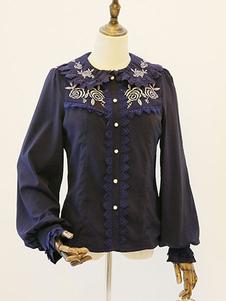 Sweet Lolita chemises manches longues en mousseline de soie bleu dentelle volant brodé chemisiers Lo