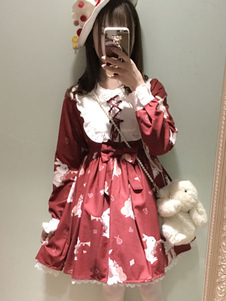 Sweet Lolita Robe Bourgogne OP Lolita Robe dentelle robe évasé imprimé manches longues pour Lolita