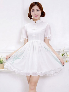 Sweet Lolita Robe OP Cheongsam blanc Patchwork en mousseline de soie manches courtes Qi Lolita Robe