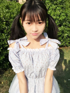 Sweet Lolita Robe OP bleu Bateau imprimé manches courtes boucles sangle taille élastique à niveaux O