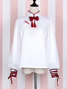 Haut blanc Lolita Blouse col Mandarin Tassel Bow ballon à manches Lolita