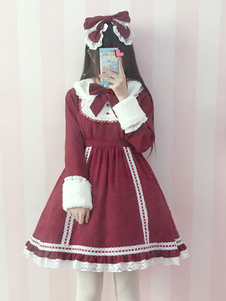 Sweet Lolita Robe OP Ture rouge Lolita Robe fourrure amovible col dentelle garniture Bow