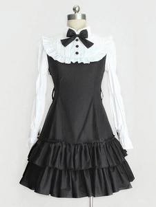 Classic Lolita Dress Black OP Lolita Robe col montant manches longues à paliers Ruffle Lolita une pi