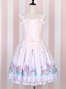 Sweet Lolita Robe JSK rose Kawaii Lolita robe imprimé dentelle Bow Trim Lolita Robe avec harnais