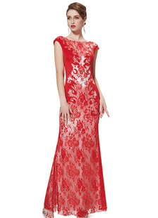 Dentelle robe de soirée sirène rouge mère de la mariée robe V Back Brève manche rond col étage longu