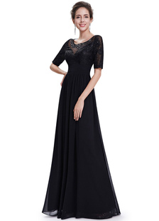 Robe noire robe de soirée dentelle perles Illusion mère de Sequins manches moitié une ligne parole l