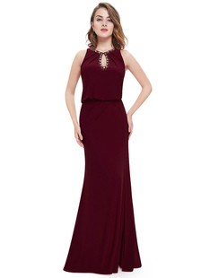 Robe de soirée Bourgogne perles sirène sans manches robe formelle Split haute avant Keyhole étage lo