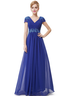 Bleu robe de soirée mousseline dentelle appliques mère de la mariée Robes plissées V cou Cap manches