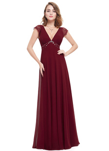 Bordeaux soirée robe mousseline de soie V cou mère robe perles Empire taille dentelle manches courte