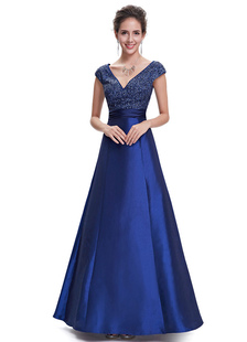 Robe manches courtes A ligne étage longueur taille froncée bleu Royal Party Dress de V Neck robe de