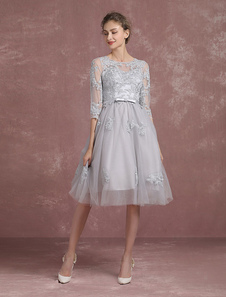 Homecoming court robe thé longueur dentelle robe de Cocktail Illusion cou Backless manches 3/4 dente