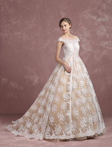 Lacets dentelle mariage robe robe de mariée Champagne Bateau Illusion décolleté robe de mariée court