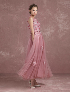 Tull Prom robe A ligne dentelle perlée Homecoming sans manches robe de robe de soirée rose fleur