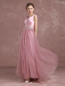 Tull robe de soirée A ligne dentelle Waist Backless Prom Dress entaillé décolleté sans manches perle