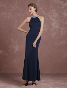 Sirène robe de soirée Halter robe formelle sans manches perles bijou collier cheville marine foncé l
