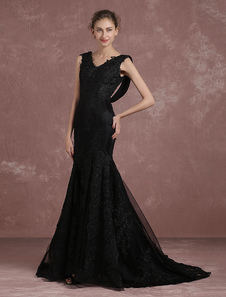 Robe de soirée noire dentelle appliques sirène robe formelle sans manches Cowl retour chapelle Train