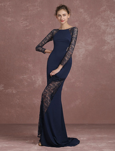 Sirène robe de soirée Illusion dentelle Patchwork robe manches longues autour de cou robe de Occasio