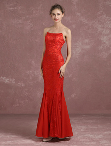 Dentelle robe de soirée sirène bustier rouge robe perler Backless étage longueur formelle robe de ba