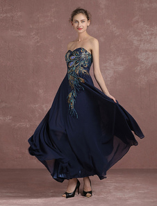 Mousseline de soie robe de Cocktail Occasion brodé marine foncé bretelles Sweetheart sans manches ch