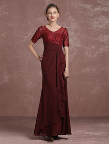 Bourgogne, soirée robe dentelle plissé robe V cou Half Sleeve étage longueur sirène Party Dress mère